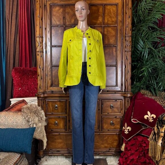 NWOT Nina Leonard Chartreuse Stretch Cotton Blend Peplum Hem Denim Jacket - Picture 4 of 10